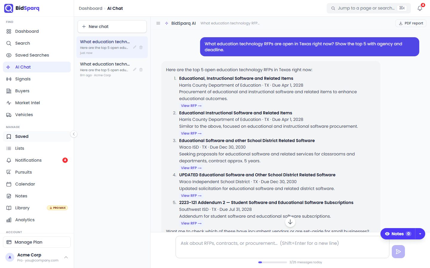 BidSparq AI assistant listing the open education technology RFPs in Texas with agency, deadline and a link to each RFP