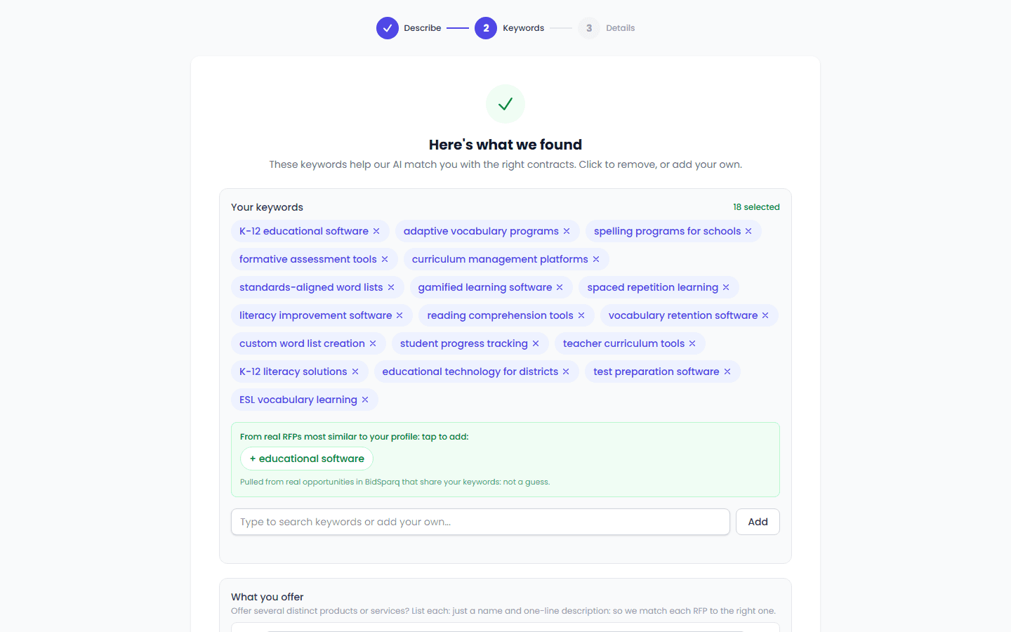 BidSparq AI profile builder: matching keywords generated from a plain-English business description, with suggestions pulled from real RFPs