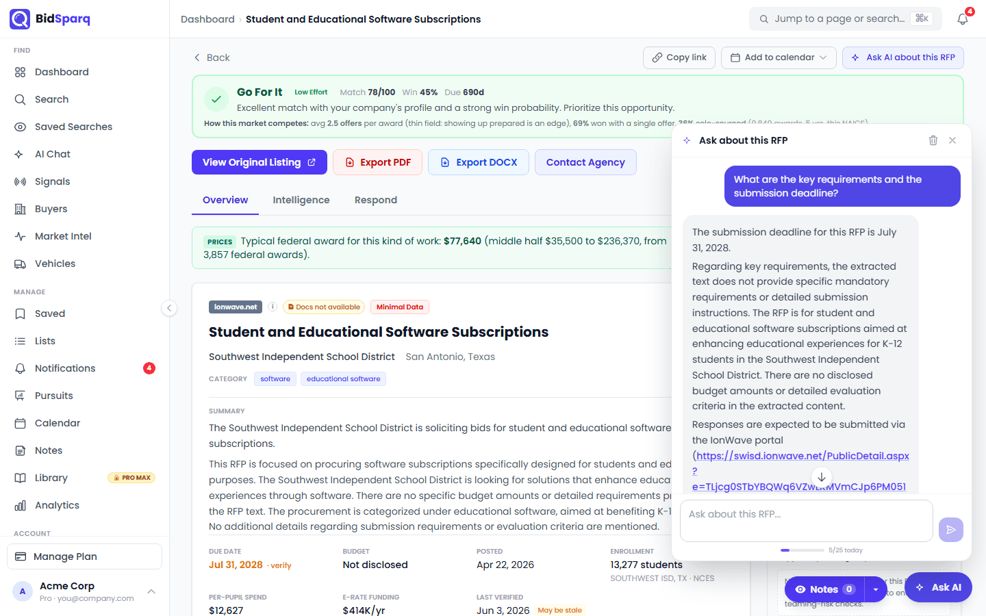 BidSparq per-RFP AI chat answering a question about the key requirements and the submission deadline for an open school district RFP