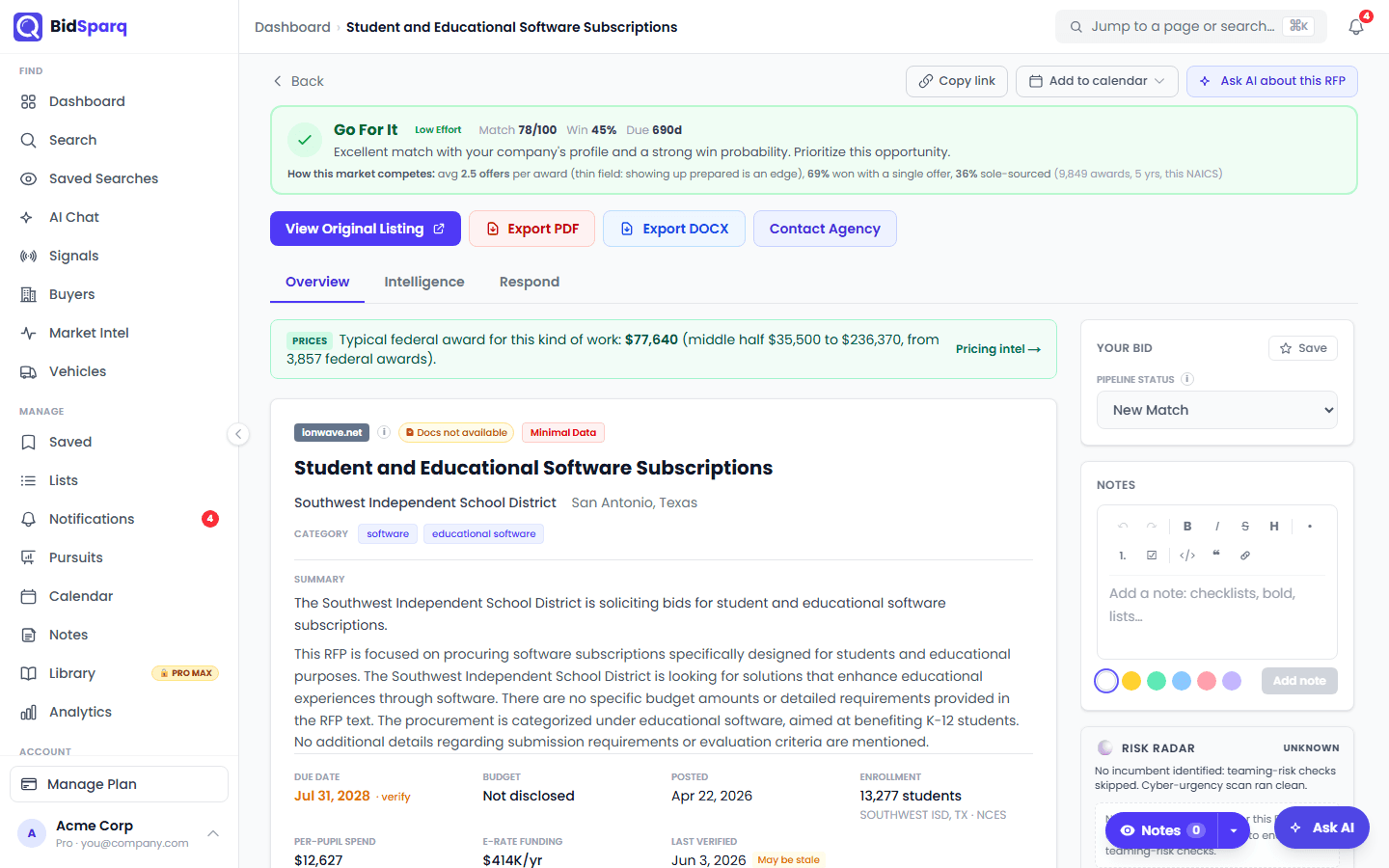 BidSparq RFP detail page: the match score and recommendation, key requirements, deadlines and the per-bid AI assistant