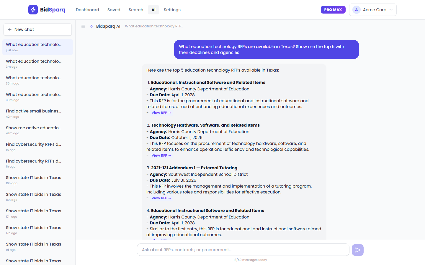 BidSparq AI Assistant showing education technology RFP search results with deadlines