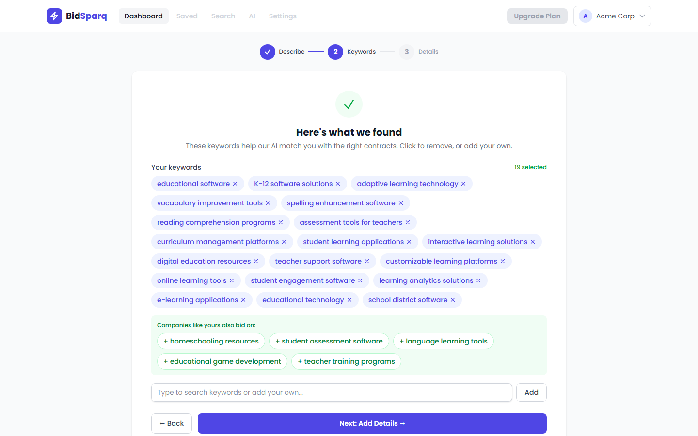 BidSparq AI profile builder generating keywords, NAICS codes, and capabilities from a business description