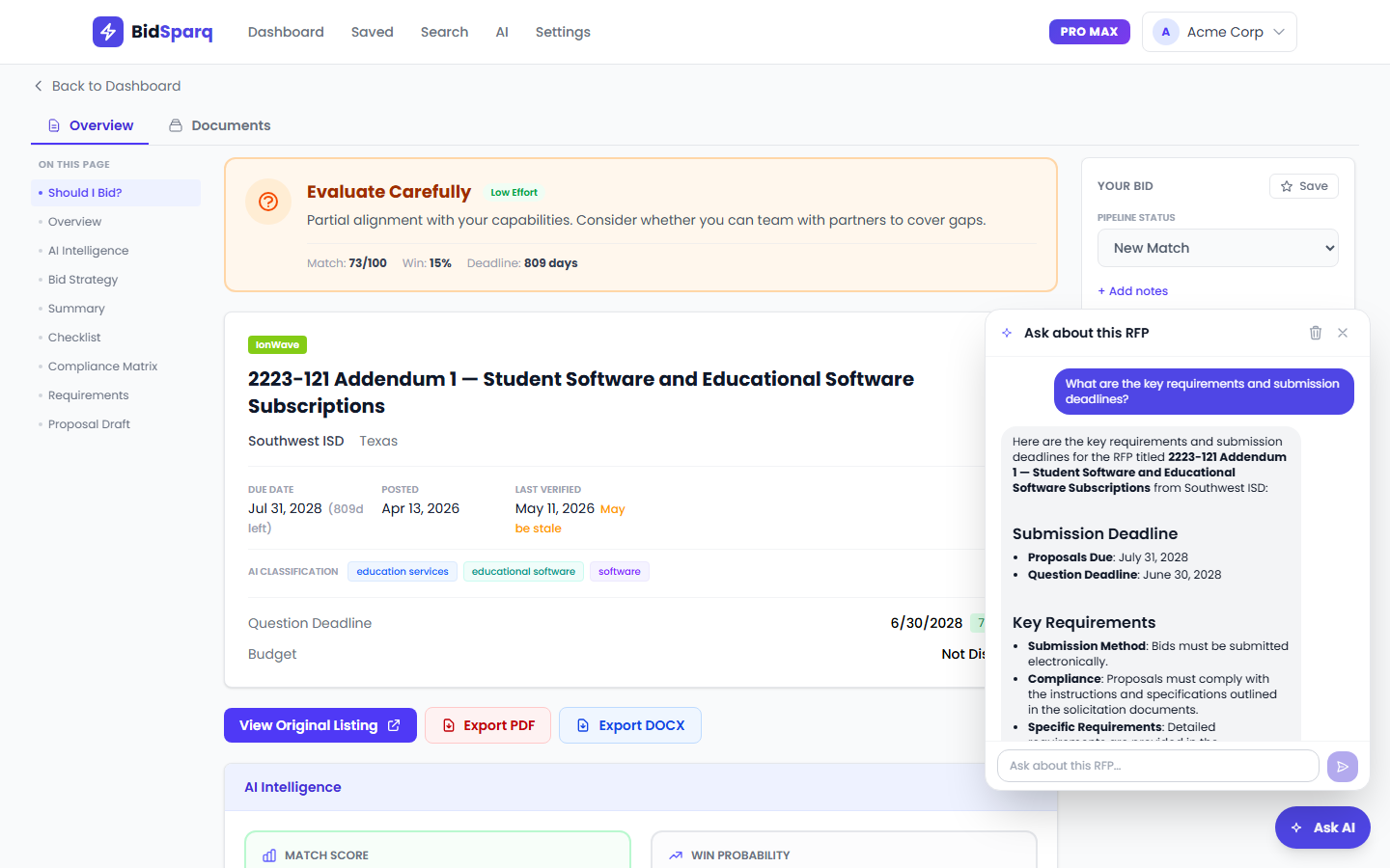 BidSparq per-RFP AI chat analyzing key requirements and submission deadlines