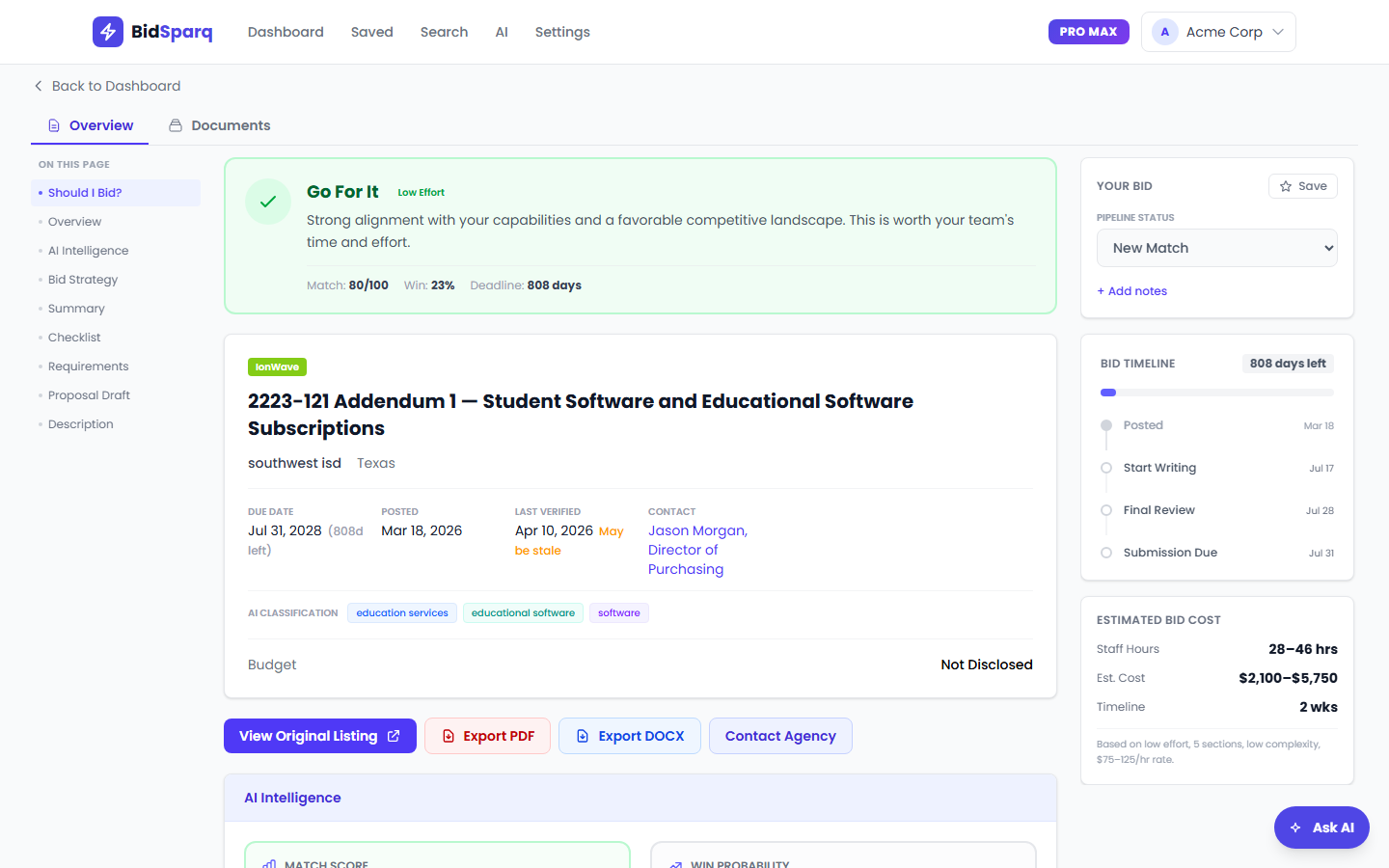 BidSparq RFP detail page showing Go For It recommendation with 80/100 match score