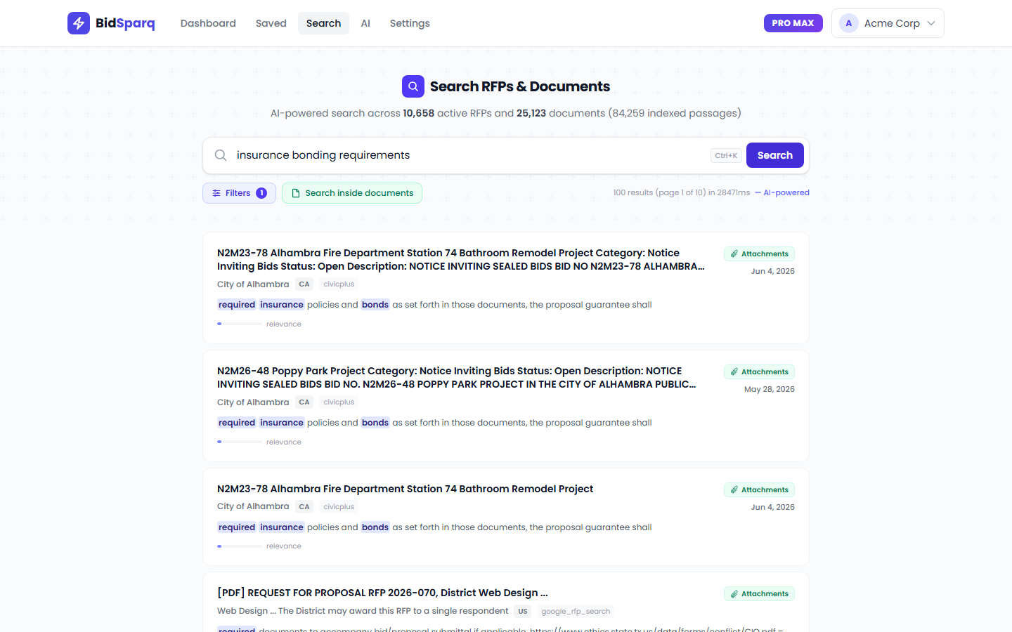 BidSparq full-text document search showing matched passages from solicitation PDFs